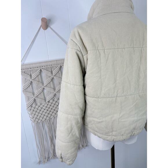 Princess Polly Beige Corduroy Cropped Puffer Jacket Size 0 Zip Front Coat - Picture 10 of 12
